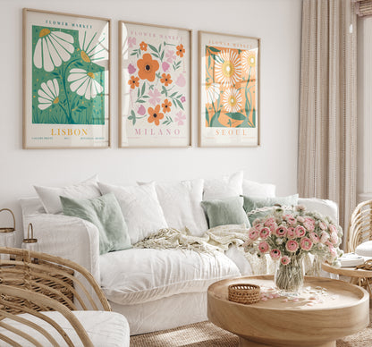 Orange Green Flower Wall Art Set, 3 Pieces of Digital Floral Wall Decor, Lisbon, Milano, Seoul Posters, Flower Market Travel Prints