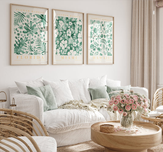 Tropical Flower Market Wall Art Set, Digital Download Flower Home Decor, Miami, Hawaii, Florida Posters, Set of 3 Art Prints