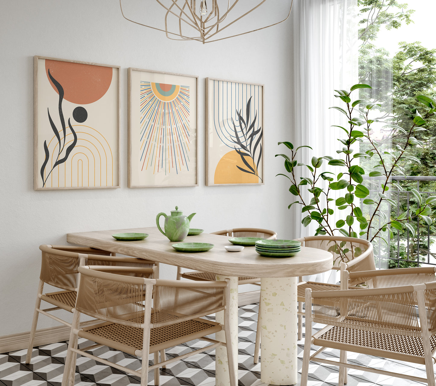 Boho 3 Pieces of Posters Wall Decor, Orange Yellow Wall Art, Boho Sun Art Print, Mid Century Modern