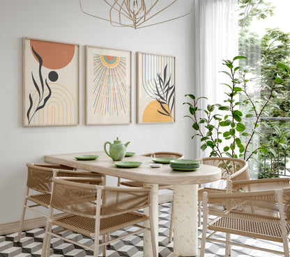 Boho 3 Pieces of Posters Wall Decor, Orange Yellow Wall Art, Boho Sun Art Print, Mid Century Modern