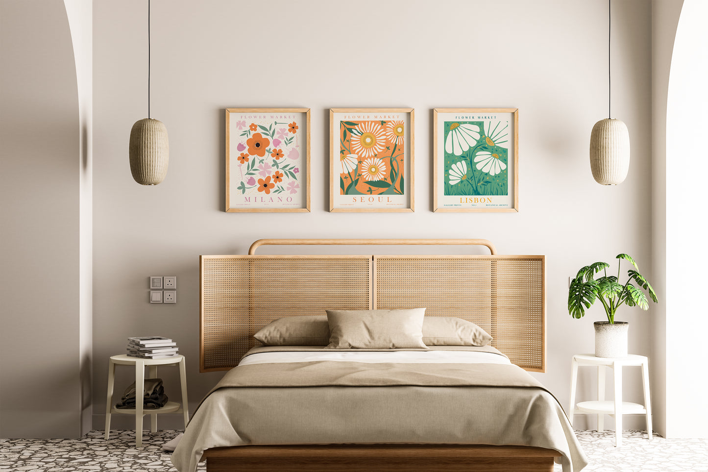 Orange Green Flower Wall Art Set, 3 Pieces of Digital Floral Wall Decor, Lisbon, Milano, Seoul Posters, Flower Market Travel Prints