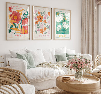 Retro Flower Market Wall Art, Set of 3 Flower Artworks, Digital Download Floral Apartment Wall Decor, Madrid, Milano, Lisbon Prints
