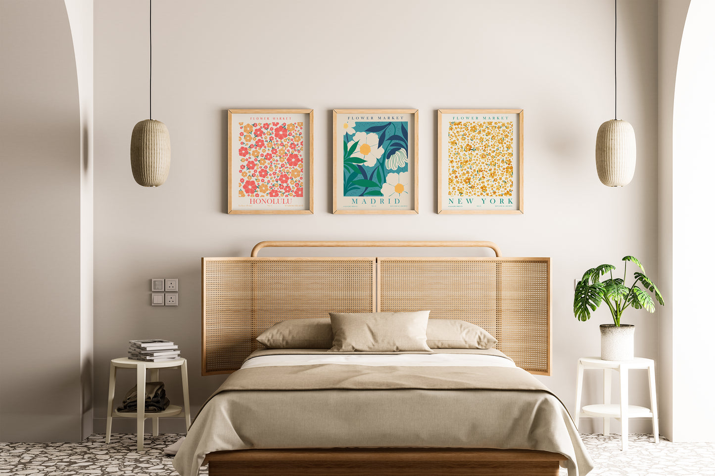 Flower Market Wall Art Set, 3 Pieces of Flower Wall Decor, Digital Download Floral Wall Decor, Madrid, Honolulu, New York Posters