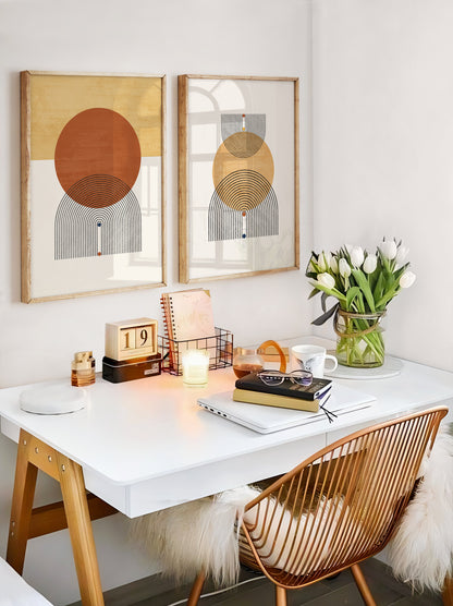 Abstract Geometric Orange Yellow Boho Wall Art Set, Mid Century Modern Home Decor, Set of 3 Prints