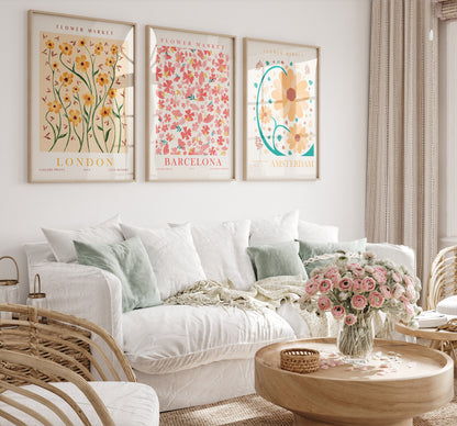 Modern Flower Living Room Decor, Flower Market Wall Art Set, 6 Pieces of Botanical Posters, Digital Download Floral Prints