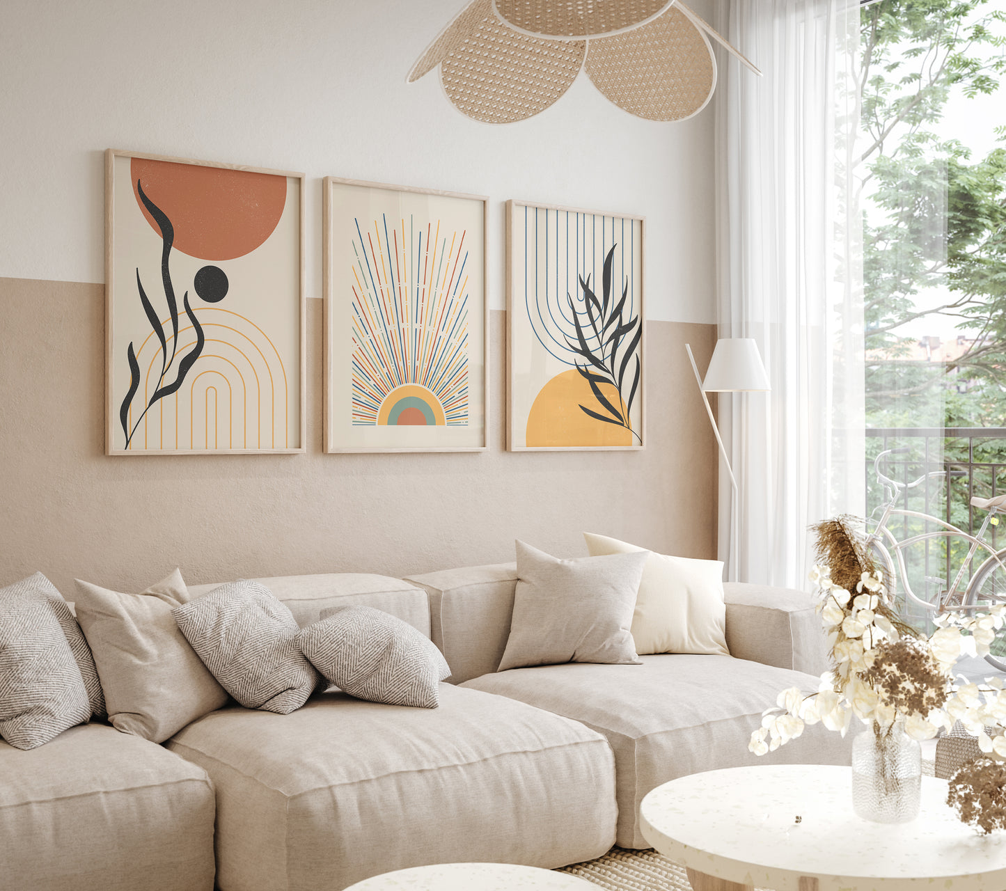 Boho 3 Pieces of Posters Wall Decor, Orange Yellow Wall Art, Boho Sun Art Print, Mid Century Modern