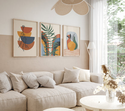 Orange Green Boho Wall Art Set of 3 Art Prints, High Quality Digital Posters