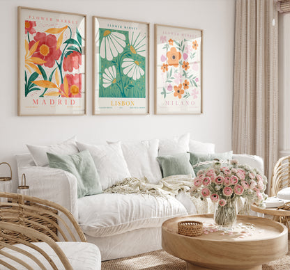 Colorful Flower Wall Decor Set, Digital Download Flower Wall Art, Set of 3 Digital Prints, Madrid, Paris Posters, Botanical Bedroom Wall Collage