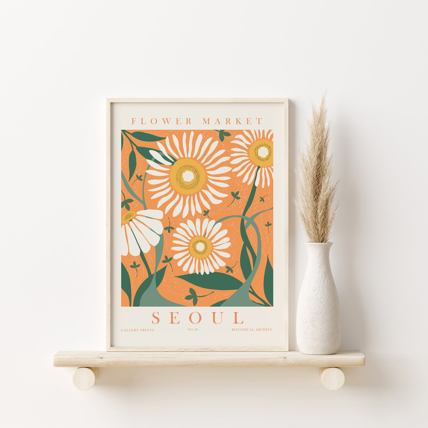 Orange Green Flower Wall Art Set, 3 Pieces of Digital Floral Wall Decor, Lisbon, Milano, Seoul Posters, Flower Market Travel Prints