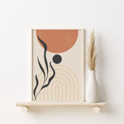 Boho 3 Pieces of Posters Wall Decor, Orange Yellow Wall Art, Boho Sun Art Print, Mid Century Modern