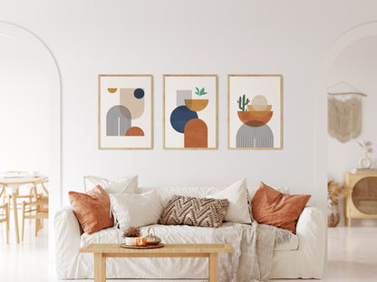 Abstract Boho Wall Art Set, Orange Yellow Blue Wall Decor Prints, Set of 3 Posters, Digital Download