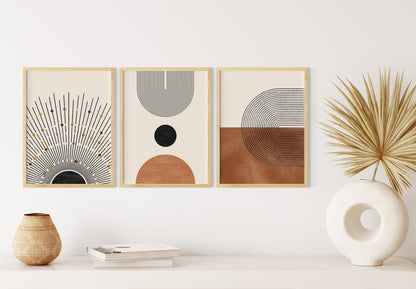 Boho Wall Art Set of 3 Digital Download Prints, Abstract Geometric Modern Apartment Wall Decor