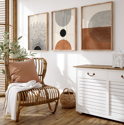 Boho Wall Art Set of 3 Digital Download Prints, Abstract Geometric Modern Apartment Wall Decor