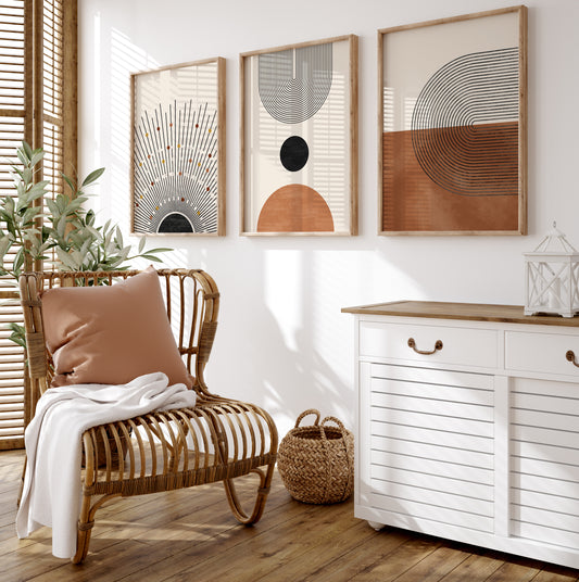Boho Wall Art Set of 3 Digital Download Prints, Abstract Geometric Modern Apartment Wall Decor