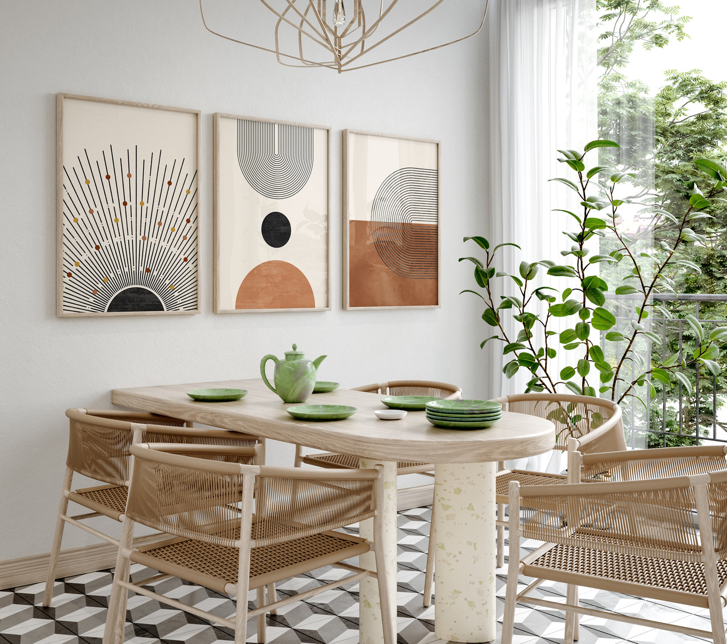 Boho Wall Art Set of 3 Digital Download Prints, Abstract Geometric Modern Apartment Wall Decor