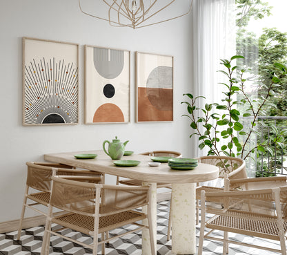 Boho Wall Art Set of 3 Digital Download Prints, Abstract Geometric Modern Apartment Wall Decor