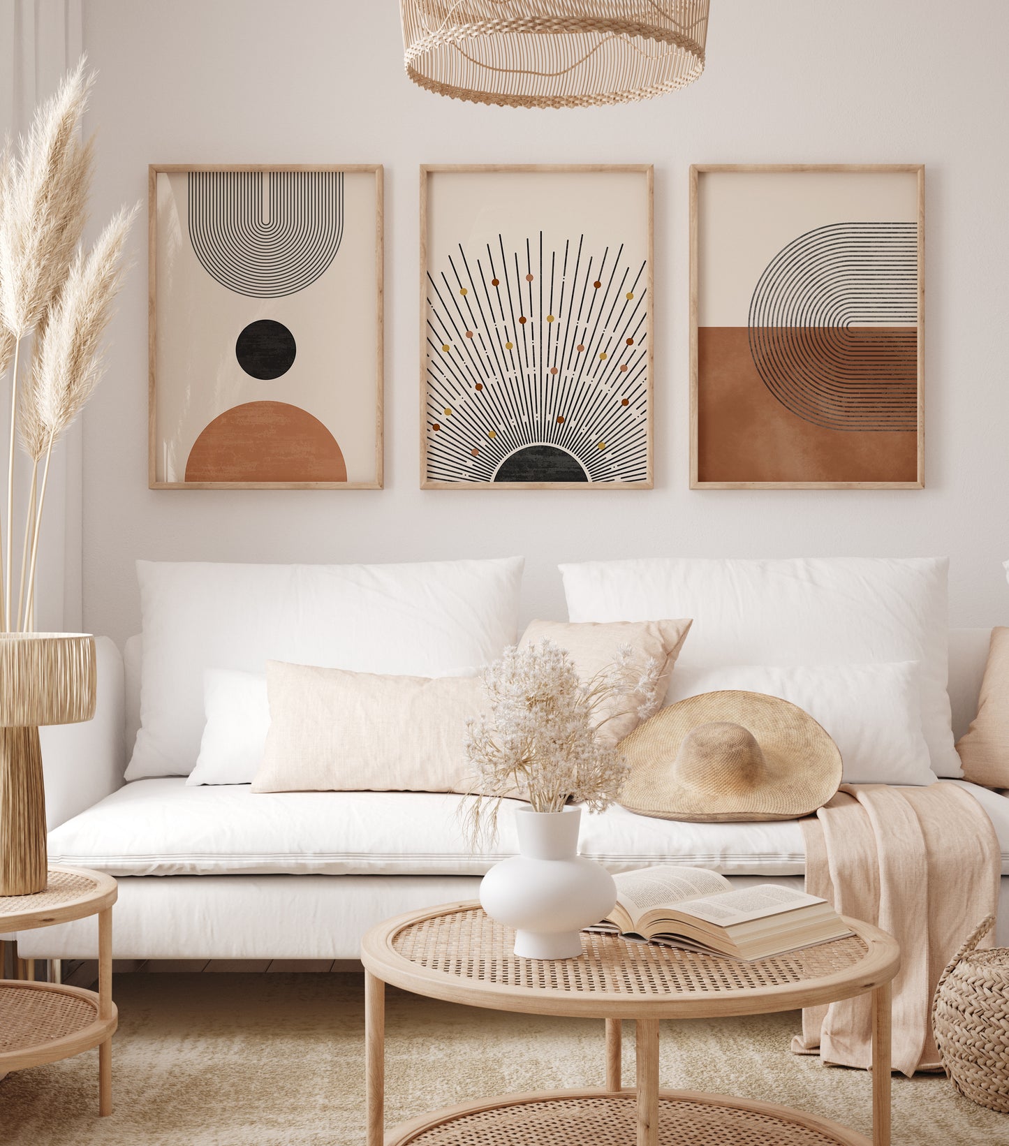 Boho Wall Art Set of 3 Digital Download Prints, Abstract Geometric Modern Apartment Wall Decor
