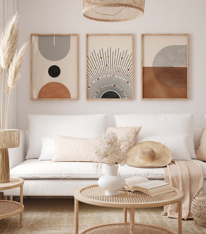 Boho Wall Art Set of 3 Digital Download Prints, Abstract Geometric Modern Apartment Wall Decor