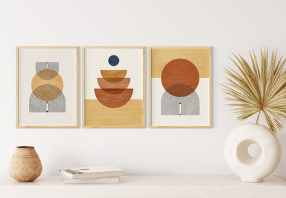 Abstract Geometric Orange Yellow Boho Wall Art Set, Mid Century Modern Home Decor, Set of 3 Prints