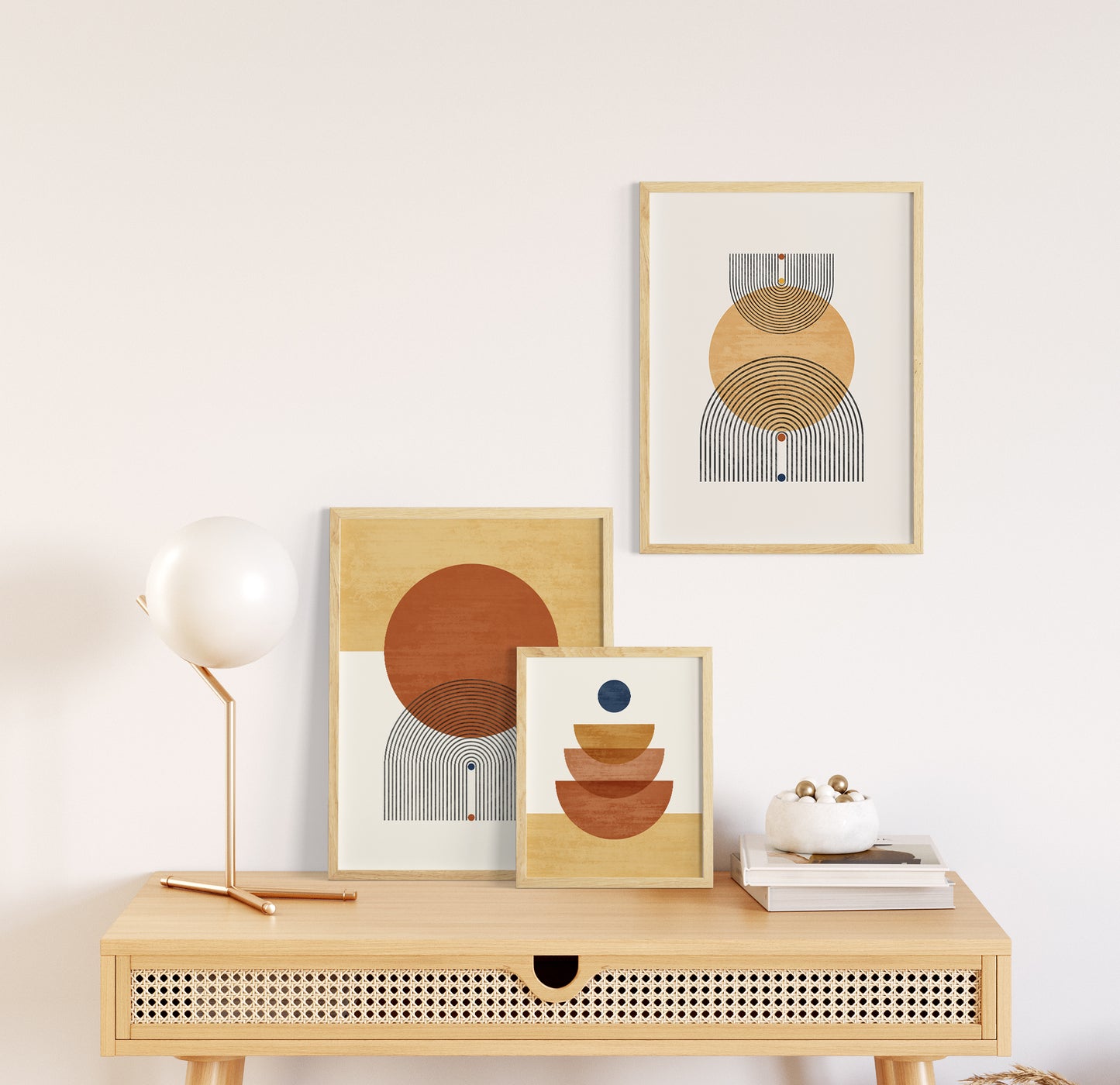 Abstract Geometric Orange Yellow Boho Wall Art Set, Mid Century Modern Home Decor, Set of 3 Prints