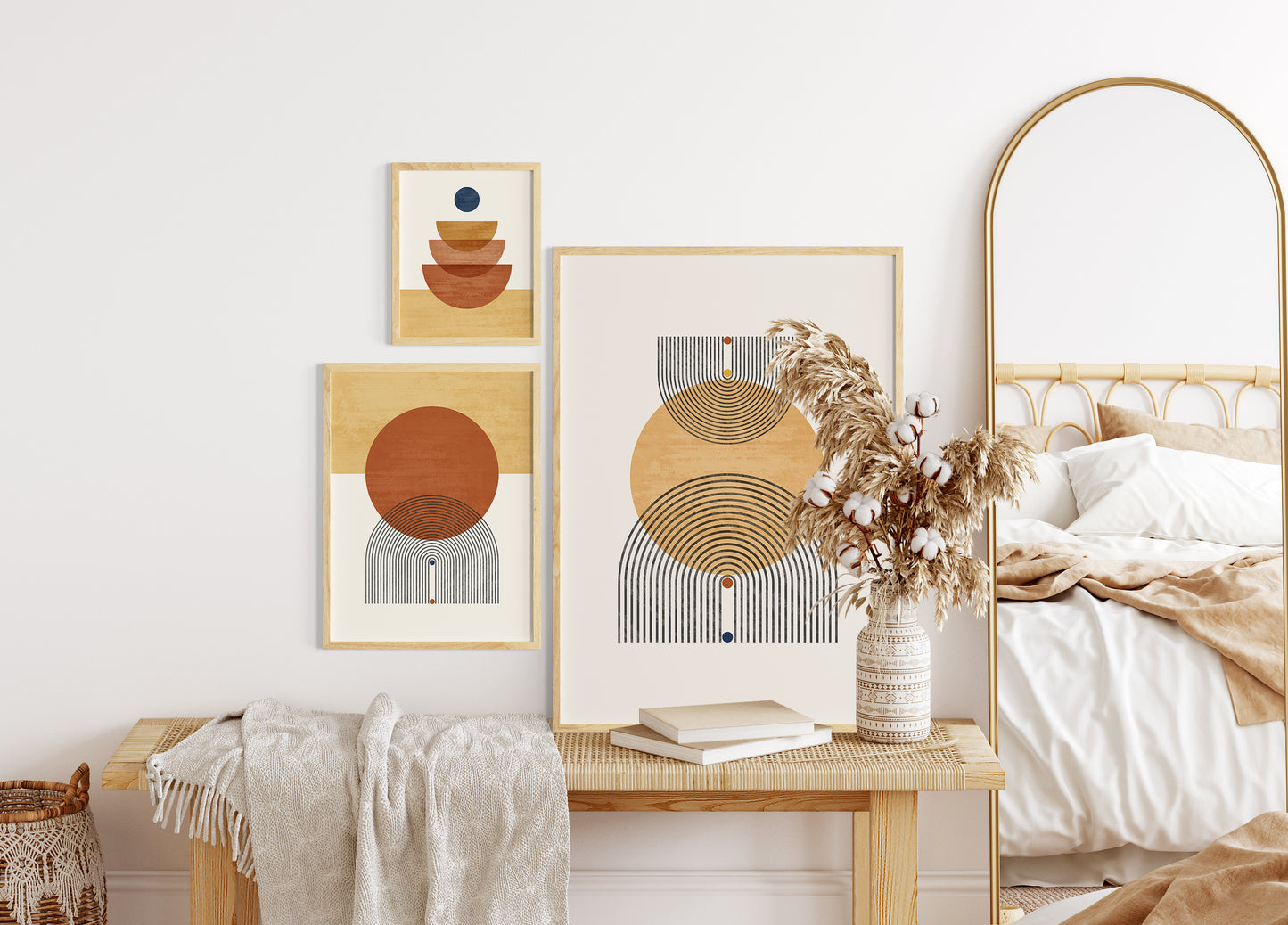 Abstract Geometric Orange Yellow Boho Wall Art Set, Mid Century Modern Home Decor, Set of 3 Prints
