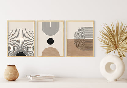 Boho Abstract Wall Art Set of 3 Posters, Earth Tone Bohemian Home Decor, Digital Download Modern Prints