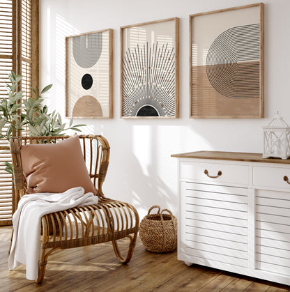 Boho Abstract Wall Art Set of 3 Posters, Earth Tone Bohemian Home Decor, Digital Download Modern Prints