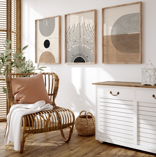 Boho Abstract Wall Art Set of 3 Posters, Earth Tone Bohemian Home Decor, Digital Download Modern Prints