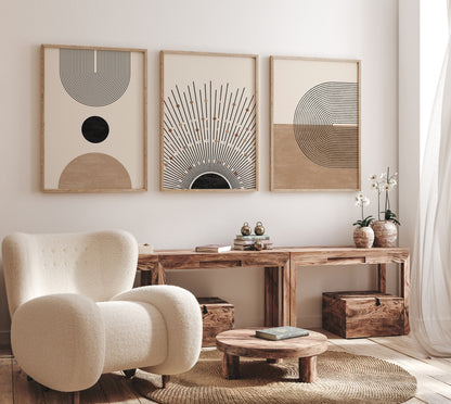 Boho Abstract Wall Art Set of 3 Posters, Earth Tone Bohemian Home Decor, Digital Download Modern Prints