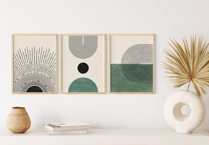 Abstract Geometric Green Wall Art Set, 3 Pieces of Boho Posters, Bohemian Home Decor Digital Download Art Prints