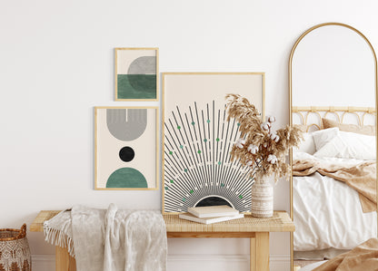 Abstract Geometric Green Wall Art Set, 3 Pieces of Boho Posters, Bohemian Home Decor Digital Download Art Prints
