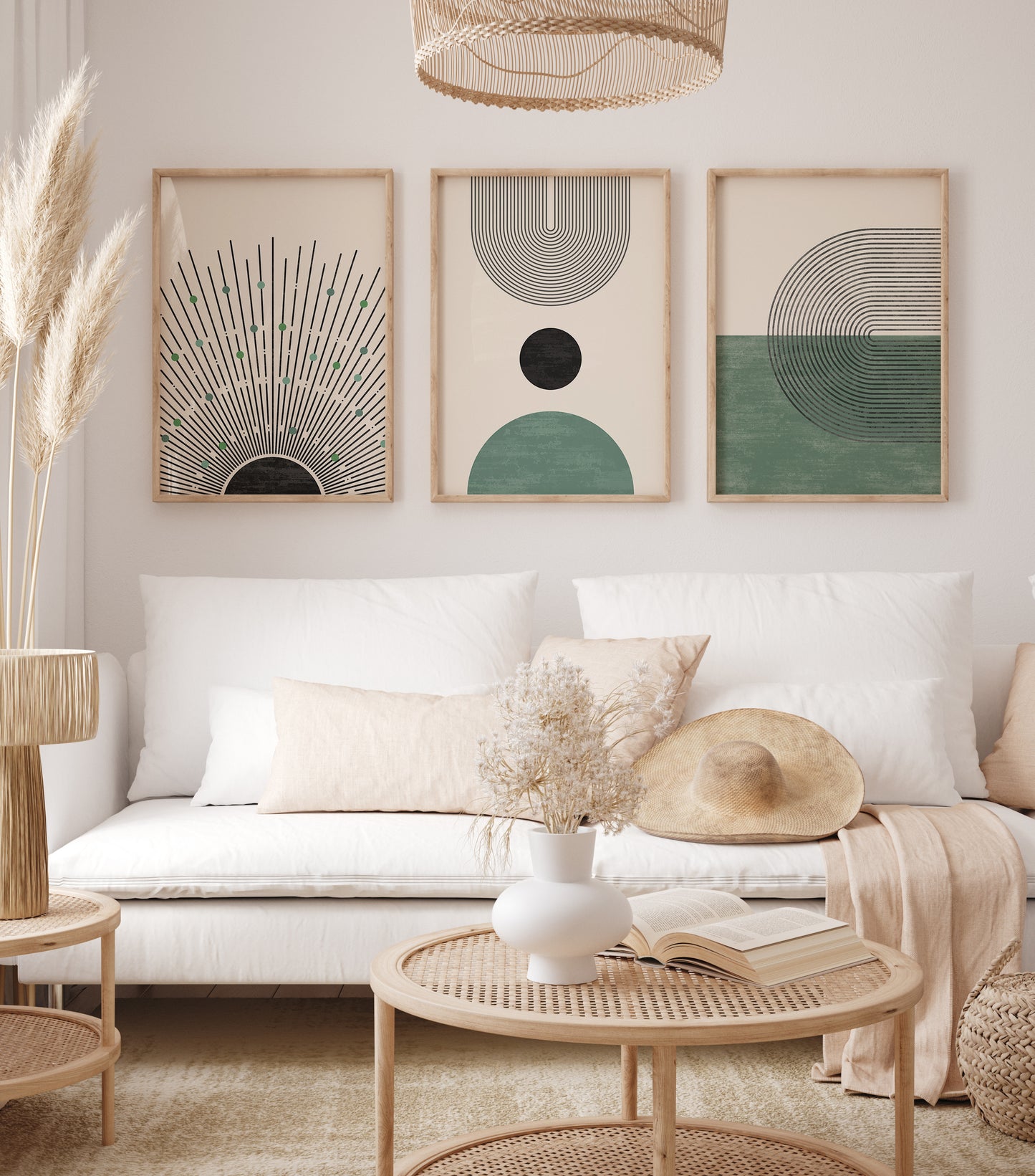 Abstract Geometric Green Wall Art Set, 3 Pieces of Boho Posters, Bohemian Home Decor Digital Download Art Prints