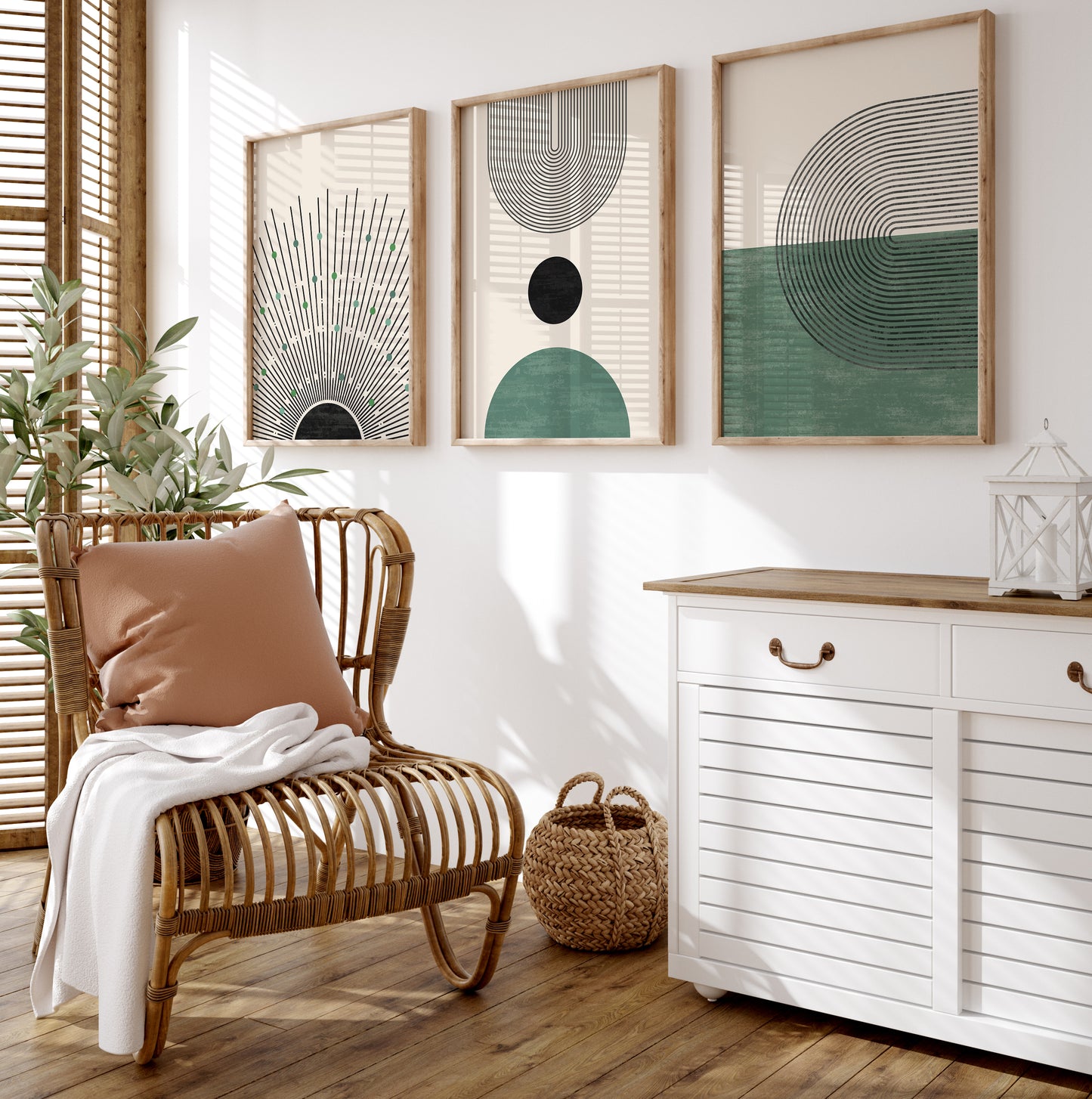 Abstract Geometric Green Wall Art Set, 3 Pieces of Boho Posters, Bohemian Home Decor Digital Download Art Prints