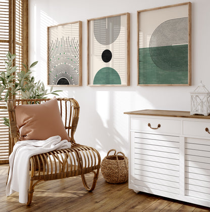 Abstract Geometric Green Wall Art Set, 3 Pieces of Boho Posters, Bohemian Home Decor Digital Download Art Prints