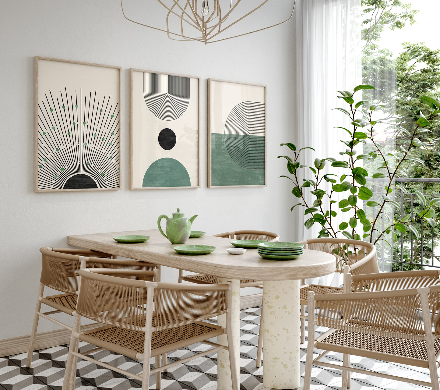 Abstract Geometric Green Wall Art Set, 3 Pieces of Boho Posters, Bohemian Home Decor Digital Download Art Prints