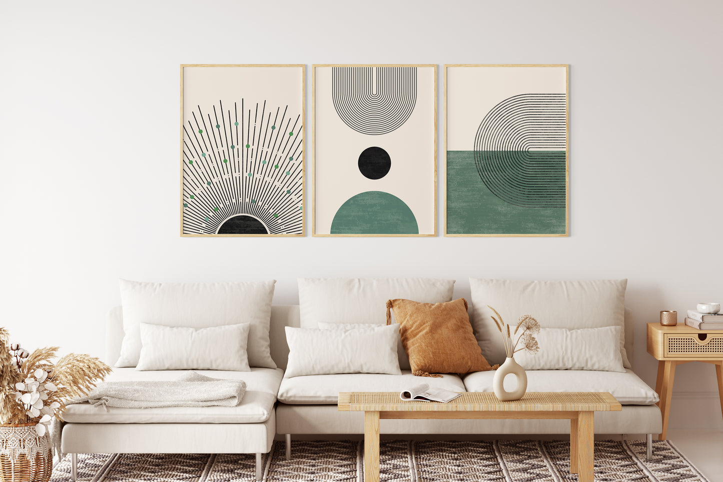Abstract Geometric Green Wall Art Set, 3 Pieces of Boho Posters, Bohemian Home Decor Digital Download Art Prints