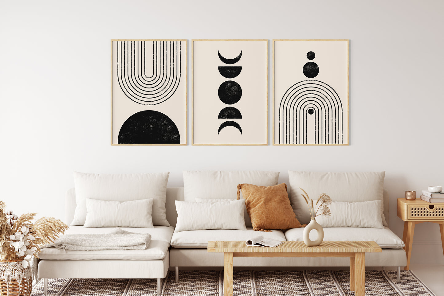 Black and Beige Abstract Geometric Wall Art Set, Digital Download Apartment Decor Posters, Set of 3 Cozy Art Prints
