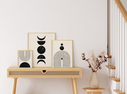 Black and Beige Abstract Geometric Wall Art Set, Digital Download Apartment Decor Posters, Set of 3 Cozy Art Prints