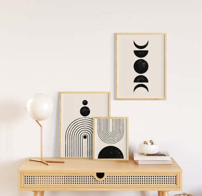 Black and Beige Abstract Geometric Wall Art Set, Digital Download Apartment Decor Posters, Set of 3 Cozy Art Prints