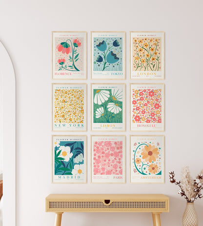 Flower Market Wall Art Set of 9 Art Prints, Modern Floral Wall Decor, Digital Download